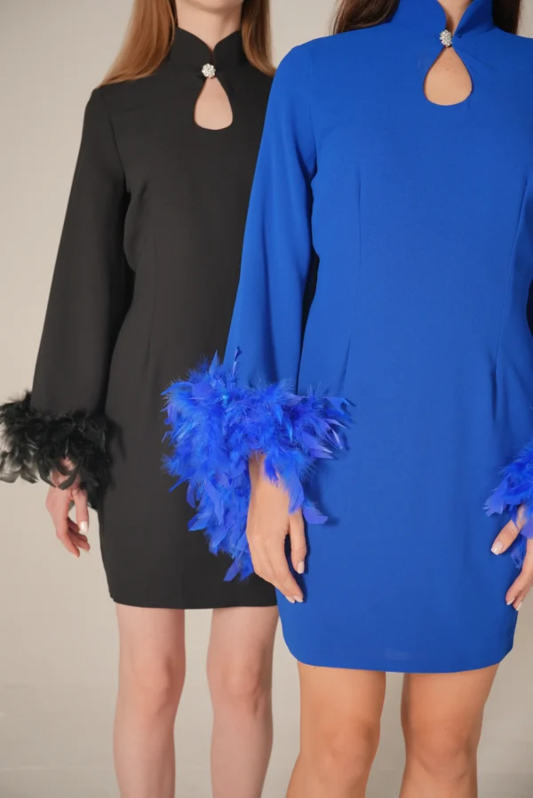 Feather trim partywear dress mini length Dubai fashion