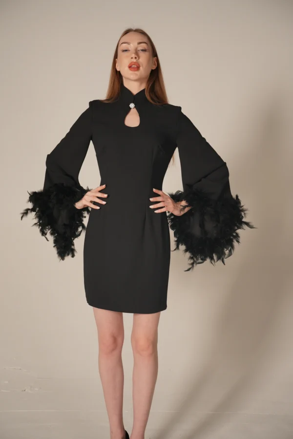 Black feather sleeve mini cocktail dress women Dubai