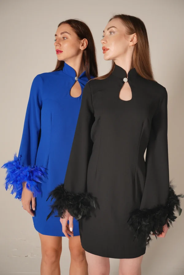 Feather trim partywear dress mini length Dubai fashion