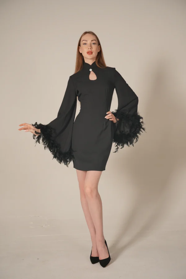 Black feather sleeve mini cocktail dress women Dubai