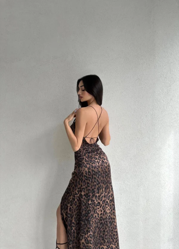 Leopard Print Satin Slip Midi Dress For Women with Open Back