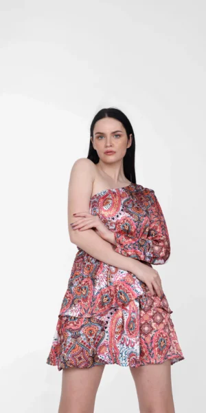 Satin one-shoulder orange printed mini dress with tie-belt