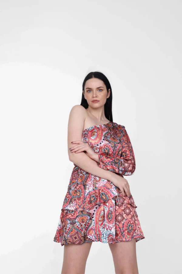 Satin one-shoulder orange printed mini dress with tie-belt